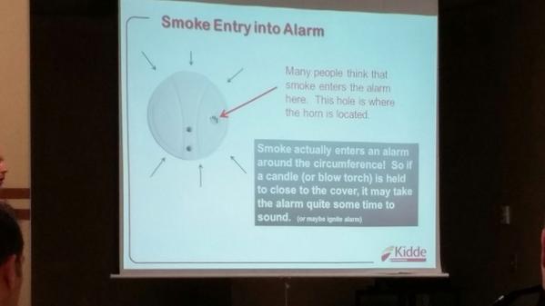 NoFireLoss's tweet photo. Don't test your smoke alarm with real smoke OR a blow torch! @KiddeCanada presentation in Kingston. http://t.co/n1WQTPlpKs