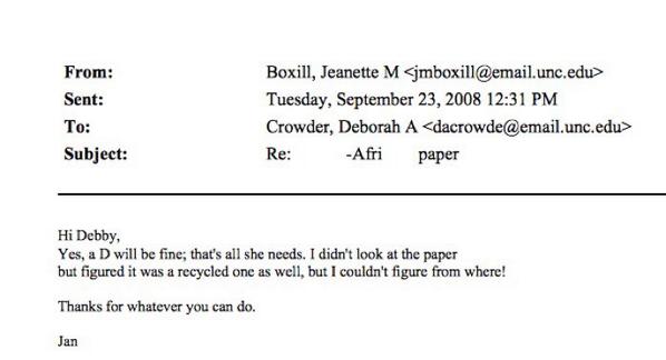 Email from women's basketball counselor Jan Boxill to AFAM department's Deborah Crowder: