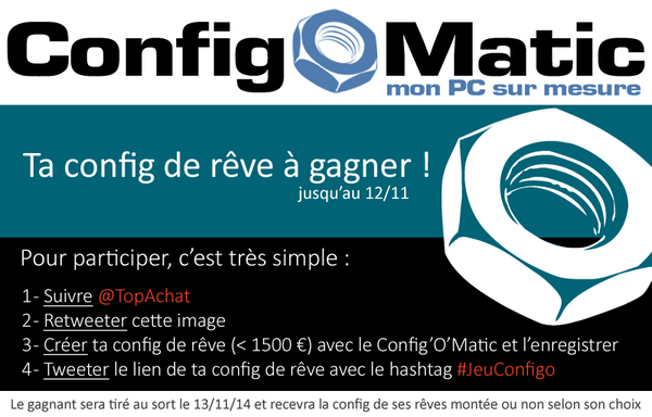 TopAchat's tweet photo. Gagner sa config de rêve, c'est possible grâce au #ConfigoMatic !

http://t.co/uvmrYoN7BN

#JeuConfigo http://t.co/GNGs7JBVDG