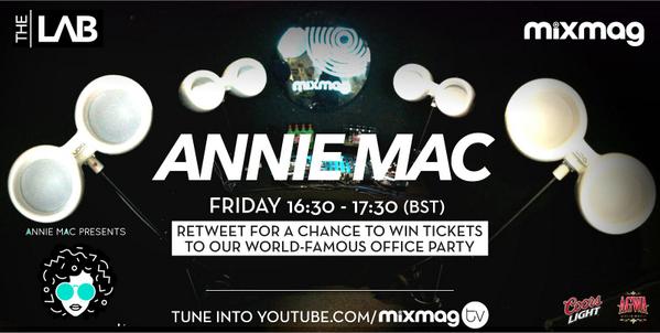 Mixmag's tweet photo. Wanna dance in our office with @AnnieMac this Friday? Thought so. RT TO GET INVOLVED http://t.co/Af7TTxZMZD http://t.co/XRDiTR4q6W