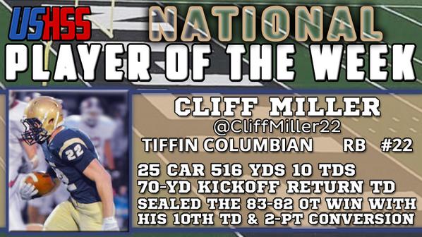 My_USHSS's tweet photo. Our #USHSS National #POTW is @CliffMiller22! Shoutout @TiffinTornadoes faithful & the voters!http://t.co/jNih9ZToIf http://t.co/2vIRm2supf