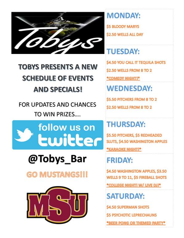 Tobys_Bar's tweet image. Celebrate Homecoming week right and come out to Tobys for some drinks! Check out the schedule!