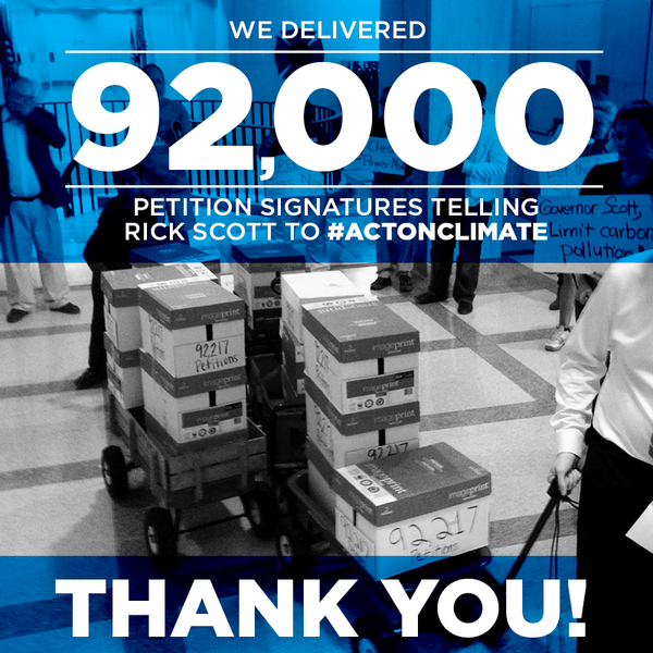 FLCleanFuture's tweet image. We did it! More than 92K petitions delivered to @FLGovScott asking him to #ActOnClimate. Thx to all who joined!