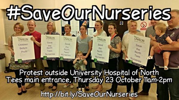 TeessidePA's tweet photo. @TeessideTalk #SaveOurNurseries protest at University Hospital of North Tees, 11am-2pm Thursday 23 October http://t.co/VNhLsbXMpF