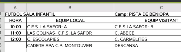 FSLaSafor's tweet photo. Horarios de todos los partidos del sabado dia 25/10/2014, temporada 2014-2015, categoría infantil. http://t.co/pDnjHZlY5u