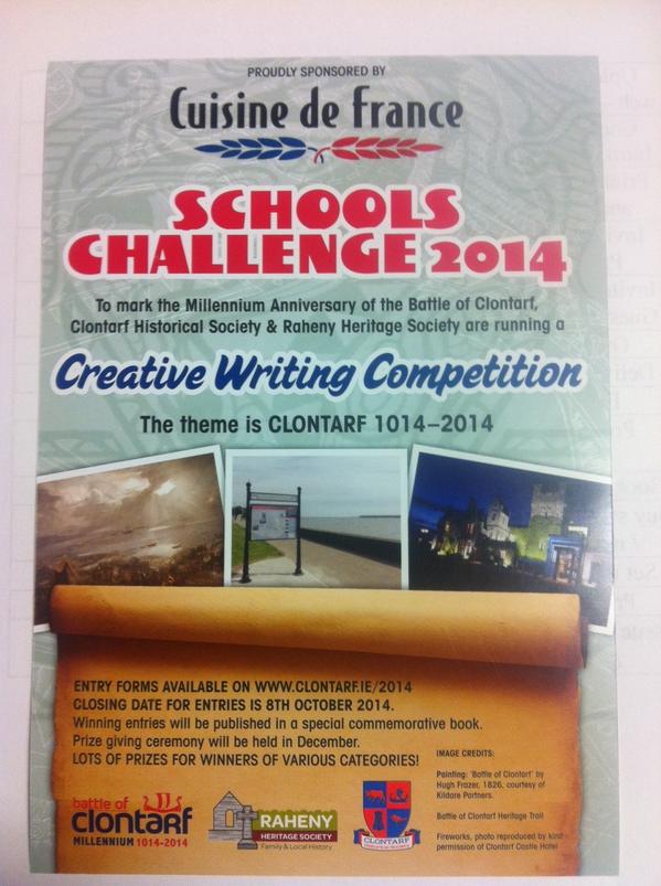 ColletteGill's tweet photo. #BattleofClontarf #CreativeWriting #competition closing date for entries from schools Friday 24th Oct @Clontarf2014 http://t.co/g7ZzPyYRjX