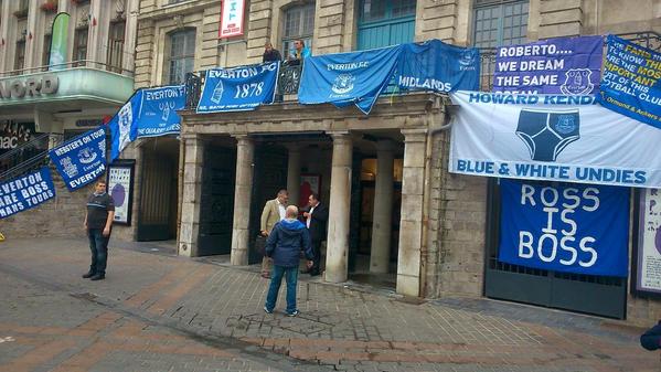 Everton's tweet image. Everton flags and banners decorate the main square in the centre of Lille.  #EFC #BluesOnTour