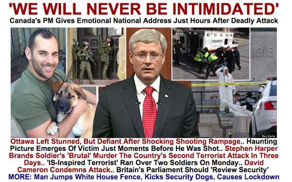 HuffPostUK's tweet photo. 'We will not be intimidated. Canada will never be intimidated' #OttawaShooting http://t.co/CKcqhj4ZoY http://t.co/TVd3Lx5M1b