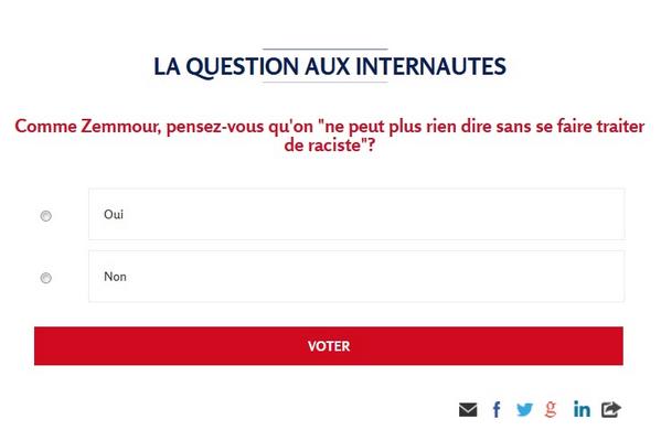 Valeurs's tweet photo. Comme #Zemmour, pensez-vous qu'on "ne peut plus rien dire sans se faire traiter de raciste"? >http://t.co/c2bn6P5ckG http://t.co/vhl68yex12