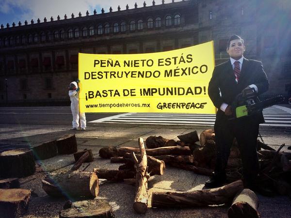 greenpeacemx's tweet photo. #EsTiempoDeHéroes En Palacio Nacional exigimos un alto a la impunidad y a la destrucción de México ¡No más desastres! http://t.co/YNiOfxCpkr