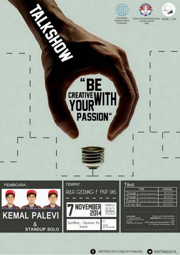 dandyangrh's tweet photo. TALKSHOW KREATIFITAS dgn pembicara Kemal Palevi&amp;Standup Solo
cp: 085729068889 &amp; @INSTING2014_ 
(presale 1 sold out) http://t.co/SSkMUUwJxq