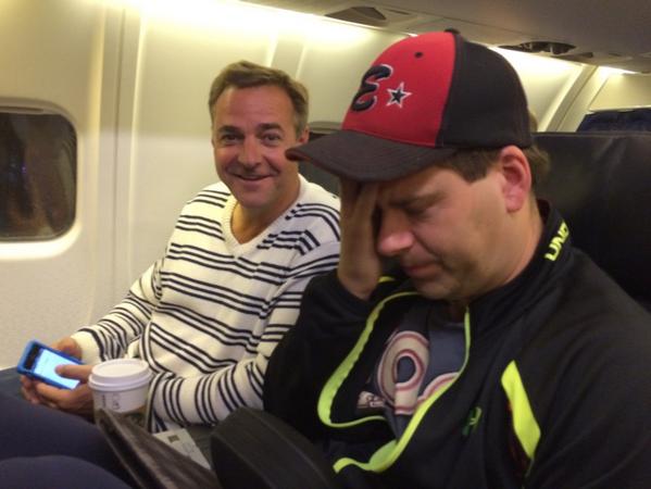 KMillar15's tweet photo. #Grumpy @ChrisRose and happy @al_leiter22 ready for take off! Life ain't that bad my little buddy! #ShowFlight Not!!! http://t.co/3xtnsbXDgx
