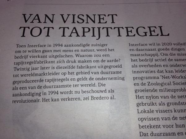 VicInterface's tweet image. Mooi artikel in #DDW krant over #Interface, van visnet tot tapijttegel!