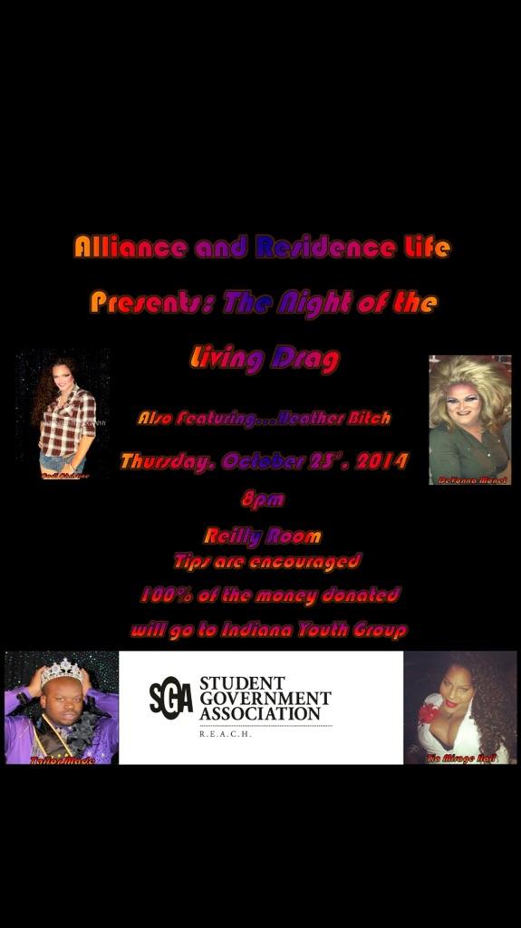 ButlerSGA's tweet image. TONITE! Drag show @butleru Reilly Rm 8pm. Tips for Indiana Youth Group.  sponsored by @ButlerResLife @ButlerAlliance