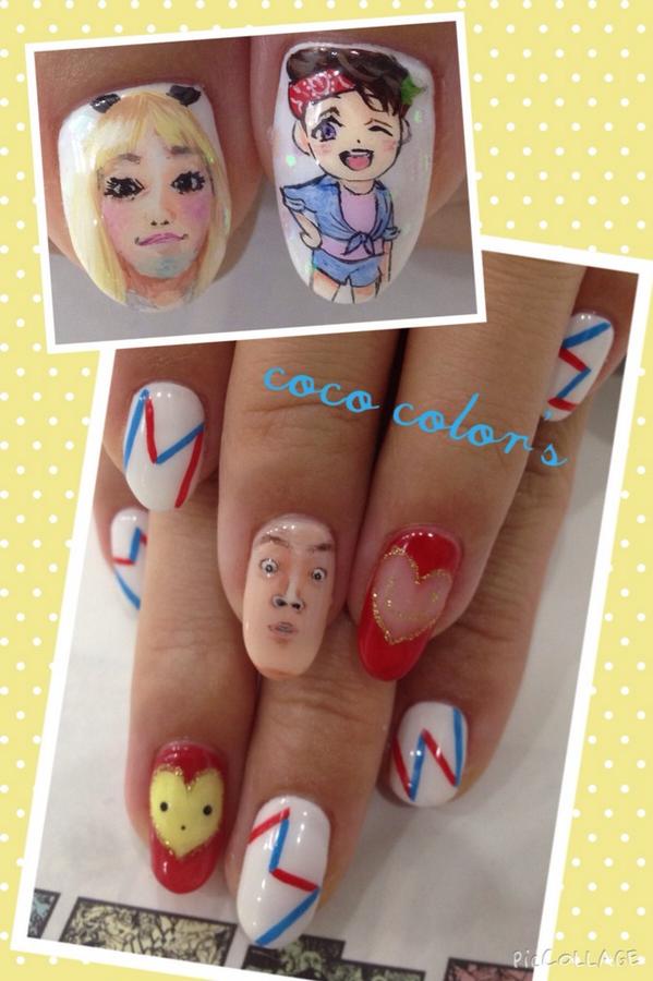 Color Sすずきあい お客様オーダー 宮野真守 さんへの愛が詰まった痛ネイル カーニヴァル與儀くん雅マモルバージョン アゴリスちゃん うーさー スマイルハート トリコロールカラーのm そして中指の存在感 イベント楽しんでください 痛