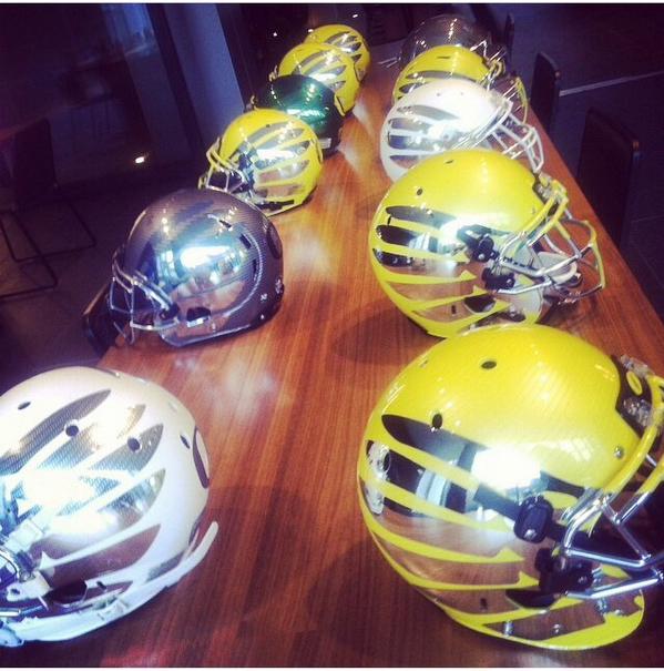 QuackZone's tweet photo. Lineup of Oregon's Helmets #QuackZone http://t.co/KGDEH952in