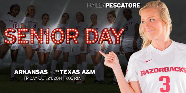 RazorbackSoccer's tweet photo. FYI...@HaileyPescatore wants Razorback fans to know that SENIOR DAY is TOMORROW NIGHT vs. #6 Texas A&amp;M #WPS #BeThere http://t.co/9VUbPLrwjs