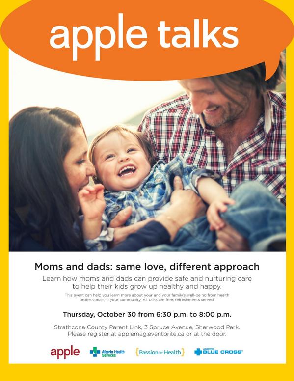 ABBlueCross's tweet image. Join us at #appletalks on Oct. 30 for &quot;Moms &amp;amp; dads: same love, different approach&quot; applemag.eventbrite.ca #YEG