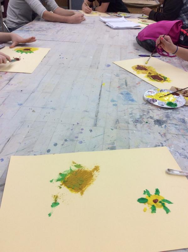 Manus3D's tweet photo. Art Appreciation leaning about Van Gogh. We painted sunflowers with paint mixed with borax. http://t.co/7vggeR0T8b