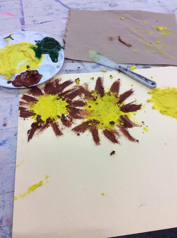 Manus3D's tweet photo. Art Appreciation leaning about Van Gogh. We painted sunflowers with paint mixed with borax. http://t.co/7vggeR0T8b