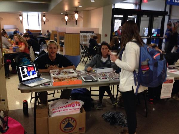 UWECSAAC's tweet photo. SAAC Representatives promoting Run with the Cops. Free donuts and a free t-shirt if you register in Davies today! http://t.co/UCVCOItPHj