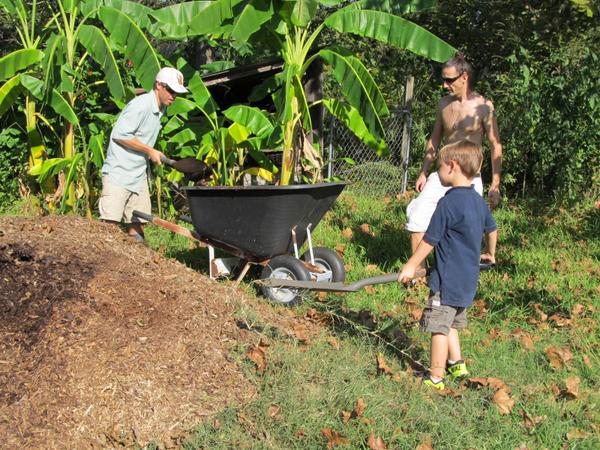 CoCreativeFarm's tweet image. Yay for helpful, hardworking friends! Farmer Marc, lil' farmer, and a friend worked hard laying mulch.