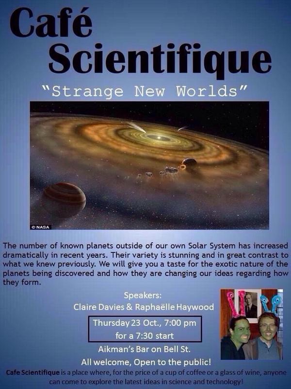 CafeSciStA's tweet photo. Hope to see you all in 1 hour @ Aikmans @Tuffers_c and Raphaelle are leading a brilliant talk on exoplanets #cafesci http://t.co/dS7gW3tQmt