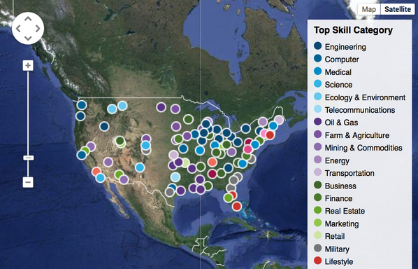 LinkedIn's tweet photo. What jobs and skills your city is most known for [Interactive Map]: http://t.co/Bkc2iI9pT5 http://t.co/ayVLTn9j1n