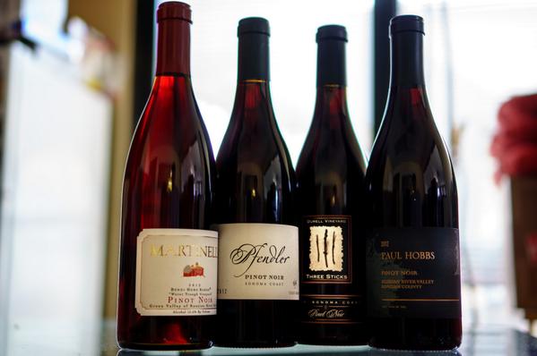Lining up #PinotNoir for #SipWithKaren <a href="/martinelliwines/">Martinelli Winery</a> <a href="/PfendlerWines/">Kimberly Pfendler</a>  <a href="/ThreeSticksWine/">Three Sticks Wines</a> <a href="/paulhobbswinery/">Paul Hobbs Winery</a>