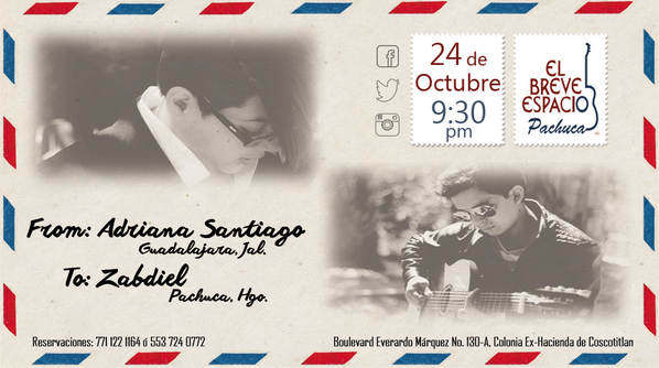 BrevePachuca's tweet photo. Mañana contamos con la extraordinaria presencia de @adrissantiago y @zabdielmusic en un super #concierto! Acompañanos http://t.co/IwOg4z9KKk