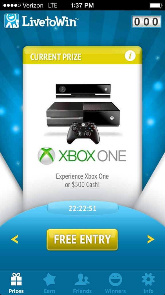 edwardmag's tweet photo. win this just download LiveToWin and enter code mi23c you choose price or $500 cash all free no cc req #XboxOne #cash http://t.co/tEqs0d4Ttv