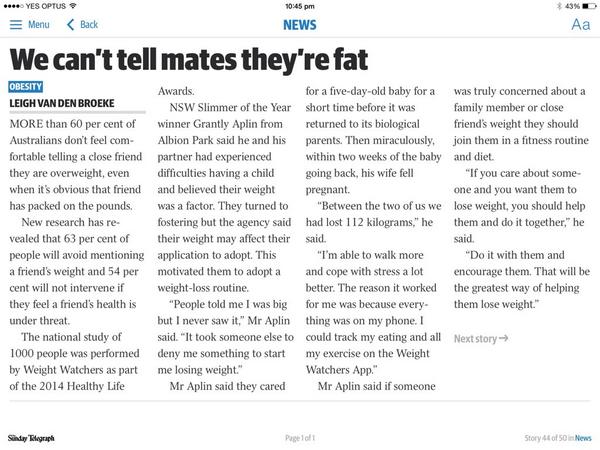 GrantlyAplin's tweet photo. @GrantlyAplin: Thks @dailytelegraph 4 story last Sunday & discussing @WWAustralia obesity stats as part of #hla2014 http://t.co/GFklOI2ut3