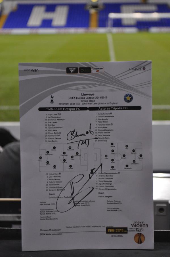 SpursOfficial's tweet photo. RT and follow @SpursOfficial for a chance to win an official teamsheet signed by @Coco_Lamela &amp; @hkane28! #COYS http://t.co/A4O2S9Rbpq