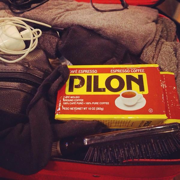rmoas's tweet image. iPhone charger, hair brush, Café Pilon - check, check, and check. #CarryOnEssentials