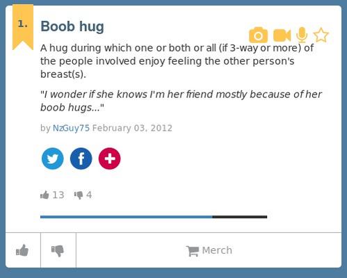 Urban Dictionary on X: @YoungeGuardian Boob hug: A hug during which one or  both or all (if 3-way or    / X