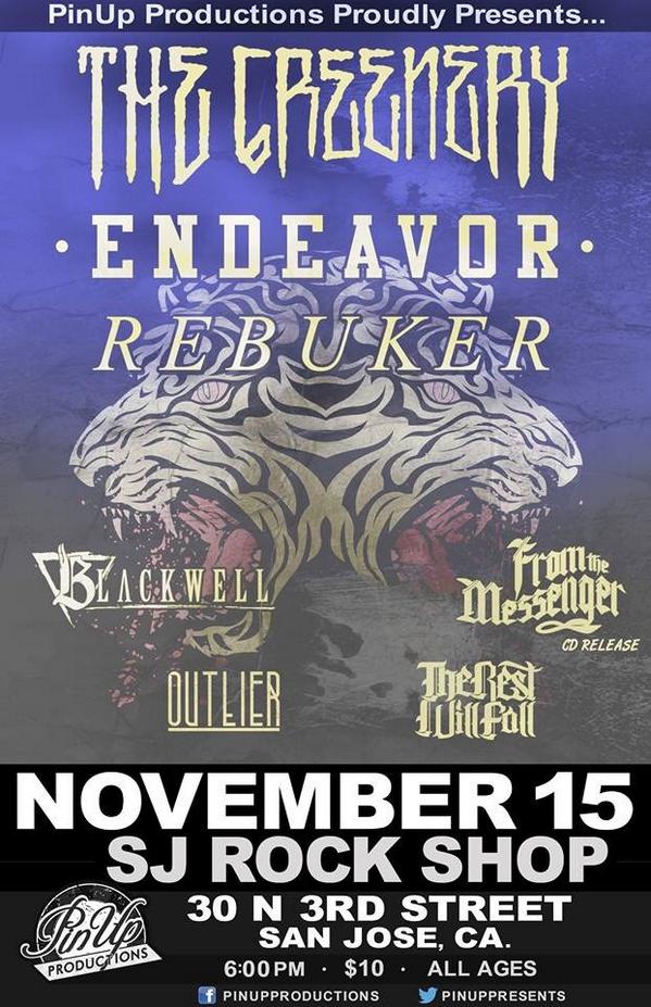 JoelCupcake's tweet photo. TONIGHT in San Jose @the_greenery #Endeavor @BLKWELLSF @outlierhc #FromTheMessenger @trwfca @ the Rock Shop RT! http://t.co/0ga1osdPP2