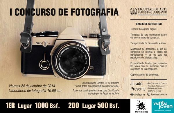 ulaarte's tweet photo. activos todos #JuntosSomosMas Mañana no te pierdas el "I CONURSO DE FOTOGRAFÍA" en la sede de la Facultad de Arte. http://t.co/nH2VgWOFie