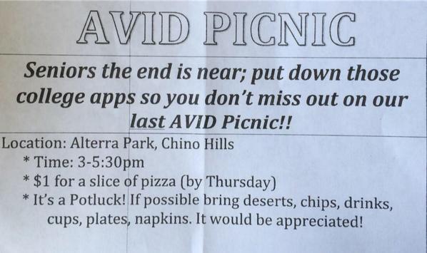chhsavid's tweet photo. 🌟AVID PICNIC TOMORROW! WE HAVE SO MANY FUN ACTIVITES PLANNED! BRING YOUR FRIENDS TOO!🌟 #bethereorbesquare #thinkavid http://t.co/mCcMw052RL