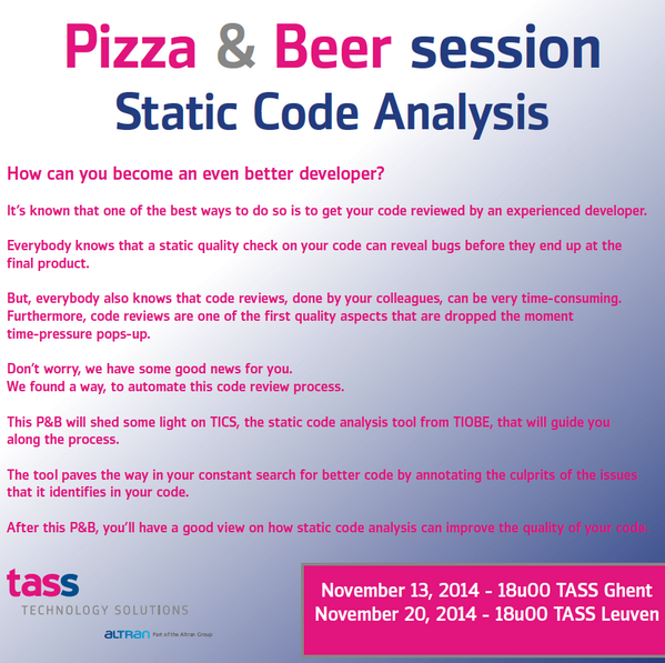 TASSBelgium's tweet photo. Find out how to become an even better developer. Register via http://t.co/OWmnFrGkEy #Pizzaandbeer #TIOBETICS http://t.co/19z1NyTJ1x