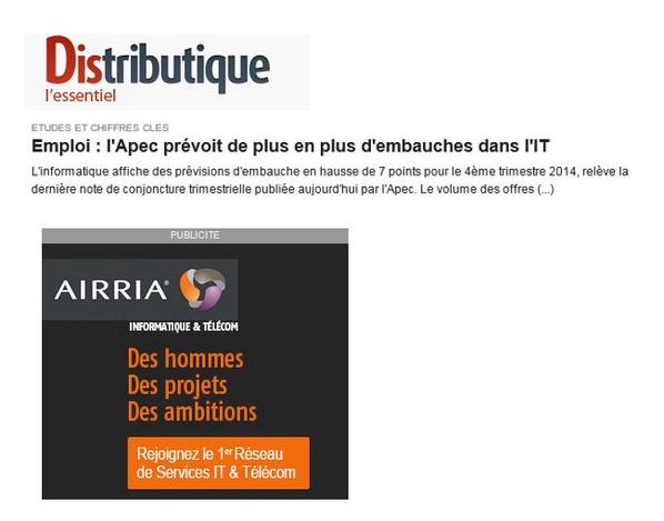 CAMBROISETHOMAS's tweet image. Retrouvez-nous dans #Distributique l'essentiel: l'APEC prévoit de plus en plus d'embauche dans l'IT, rejoignez AIRRIA