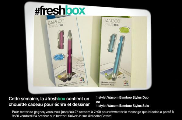 NicolasCatard's tweet image. Envie de gagner la #freshbox005 avec un #BambooStylus ? Suivez @wacomeurope et RT ce message. fin le 27/10