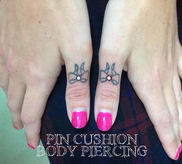 Pin Cushion Piercing Pretty Little Tattoo Bows On Fingers With Skindivers Piercings Call 0117 33 For Info Swarovski Crystal Http T Co Lj5psqr1fc
