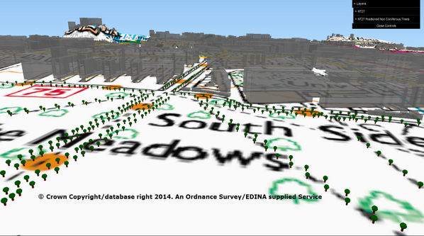 Geo_EDINA's tweet image. #MapFriday You can also use @qgis plugin #Qgis2threejs to make MasterMap 3d too, along with little trees.