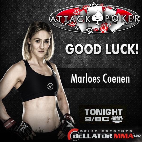 AttackPoker's tweet image. Good luck to @marloescoenen !!! Watch tonight on @spiketv @bellatormma #attackpoker #teamattack ♠️♥️♣️♦️