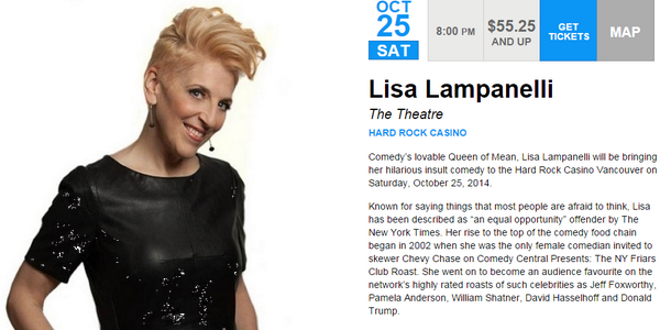 ShowYouGo's tweet image. Comedy’s lovable Queen of Mean comes to @HardRockCasinoV buff.ly/1oCBWmt @LisaLampanelli #vancouver #comedy