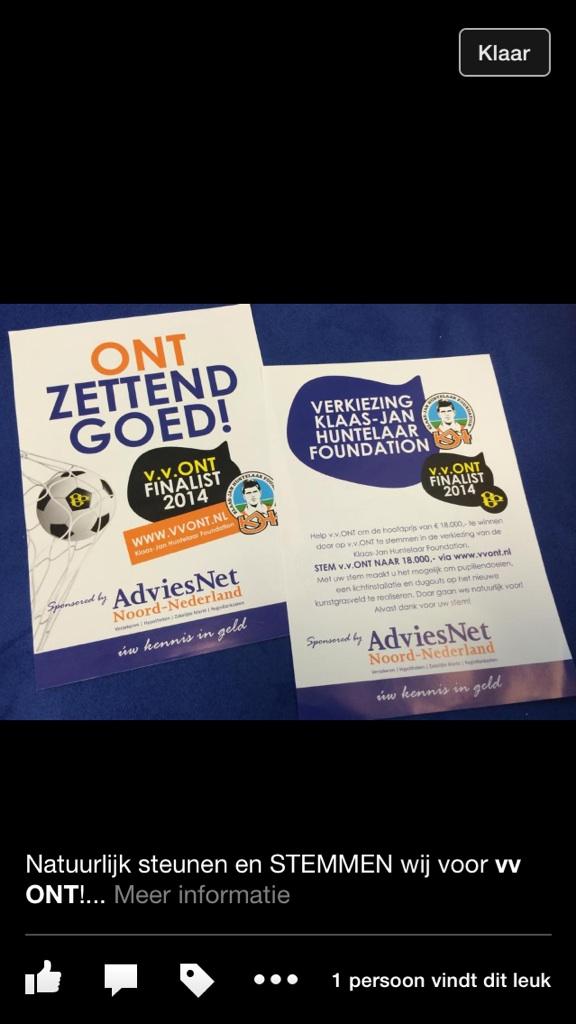Help <a href="/vvONT/">v.v. ONT Opeinde</a> aan 15000 stemmen! bit.ly/12qEwSm #GoedDOEL #KlaasJanHuntelaarFoundation i.s.m. <a href="/olafbijlsma/">Vorm2 Reclamemakers</a>