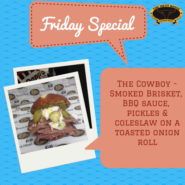 TheMeatHouseOK's tweet photo. Try our 'Cowboy' sandwich special.  House smoked brisket w/BBQ sauce, pickles &amp; coleslaw.  Just $7.99, Happy Friday! http://t.co/wZ7nxms5hv