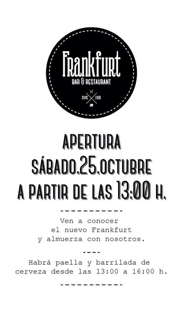 barFRANKFURT's tweet photo. Mañana dia 25,13:00,
Reapertura Bar Frankfurt
Totalmente remodelado y con un diseño que te sorprenderá, os esperamos! http://t.co/BFnIOWgrMg