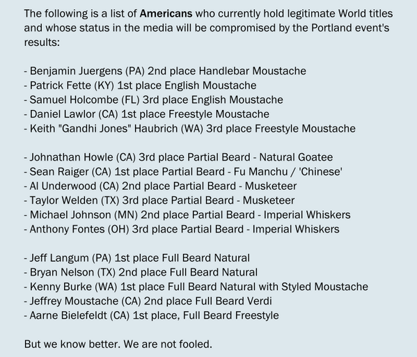 TrueWBMC's tweet photo. @jlkraw @OregonianArts The Fake "World" Beard event will also impact the legitimate titles 16 Americans have earned. http://t.co/DjzpUvLWYX