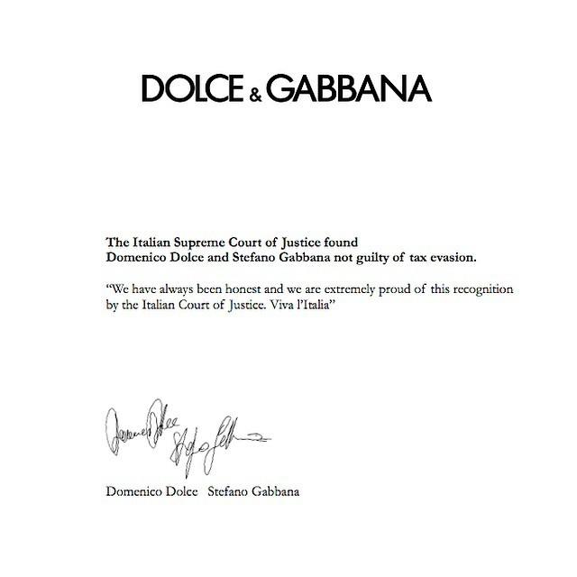 Dolce Gabbana on X The Italian Supreme Court of Justice found Domenico Dolce and Stefano Gabbana not guilty of tax evasion. We have. http t ZUQUkcK9gW X